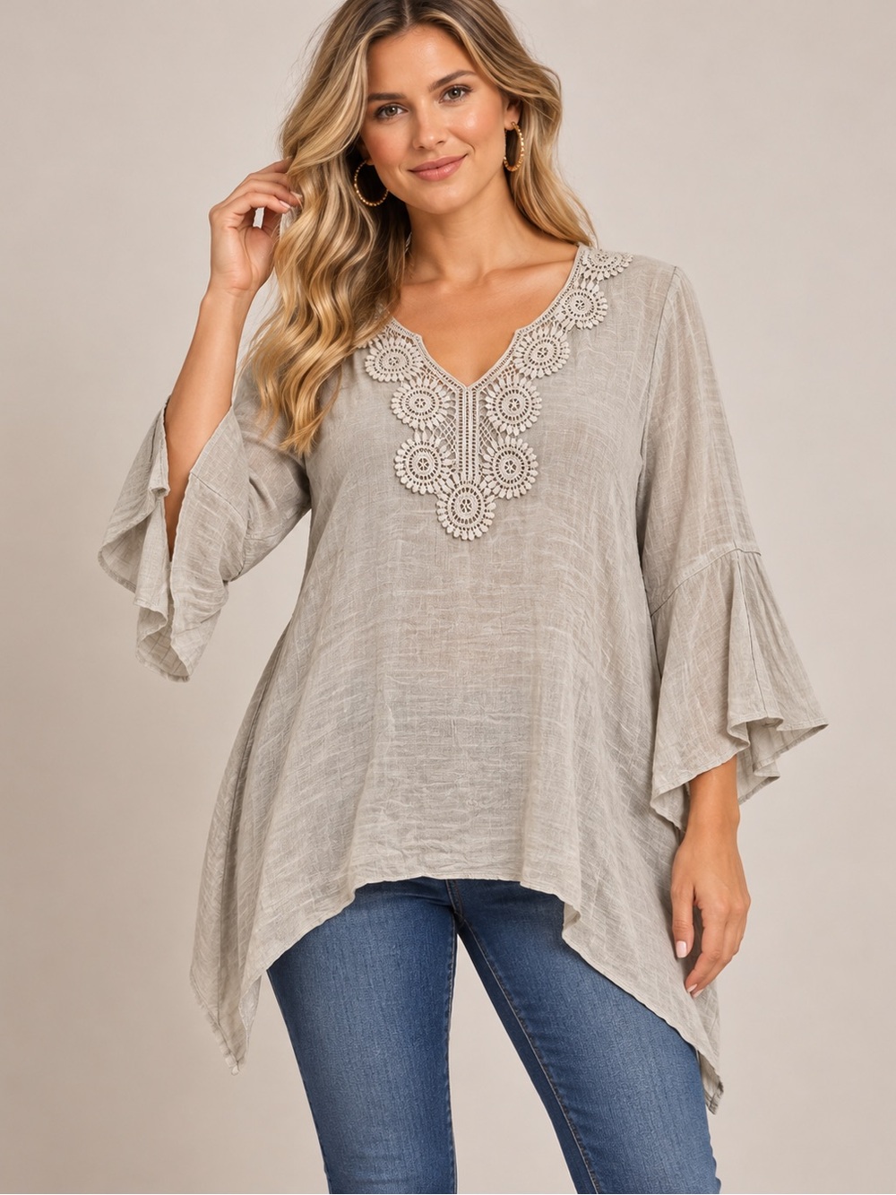 Spense Taupe Crochet V-Neck Flowing Tunic